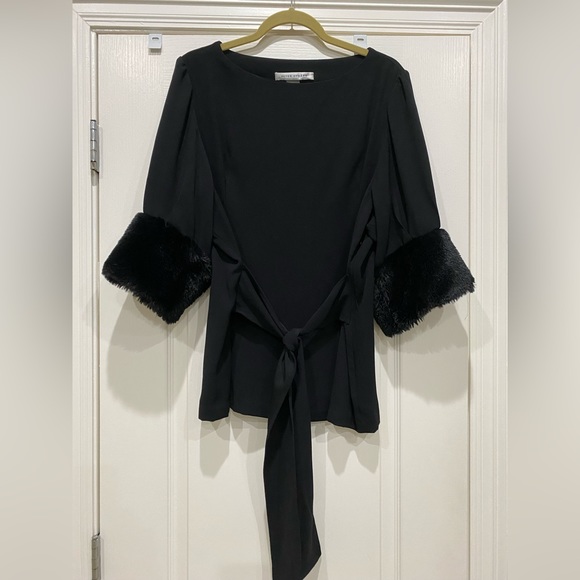 Peter Nygard Tops - Peter Nygard Black tie waist top 3/4 faux fur cuffed sleeves Size L